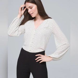 White House Black Market- White/Black Polka Dot button up blouse- SIZE 0